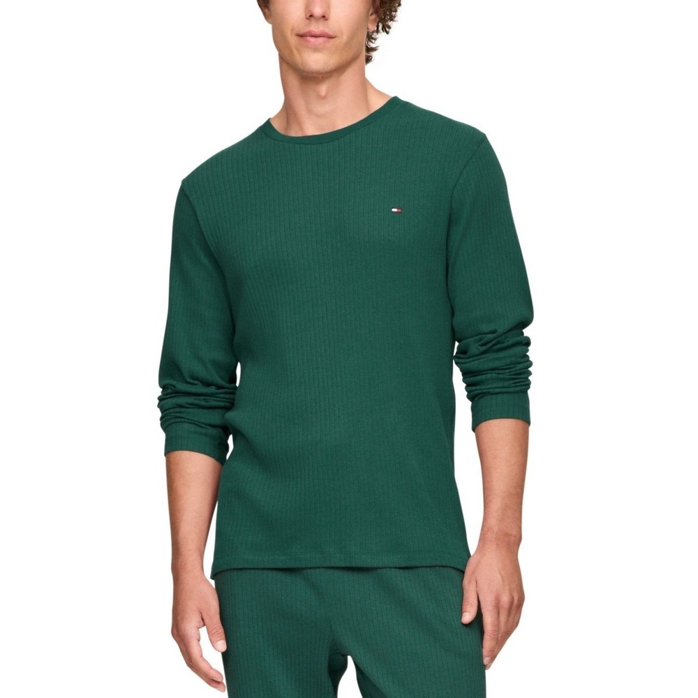 Tommy Hilfiger Mens Ribbed Long Sleeve Pajama Shirt in Spruce Color Size L